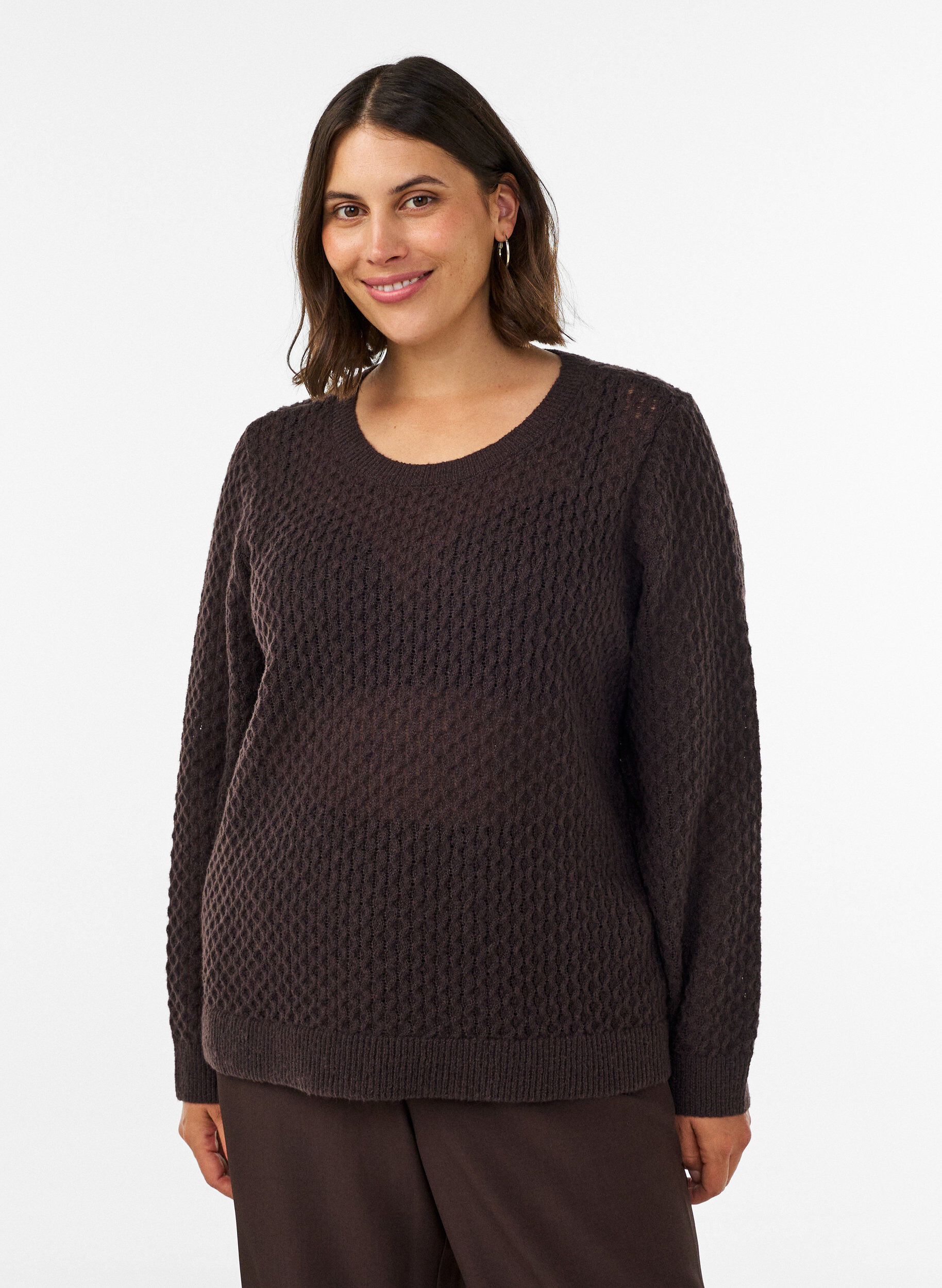 Gebreide blouse met een opengewerkt structuurpatroon, Bruin, Model