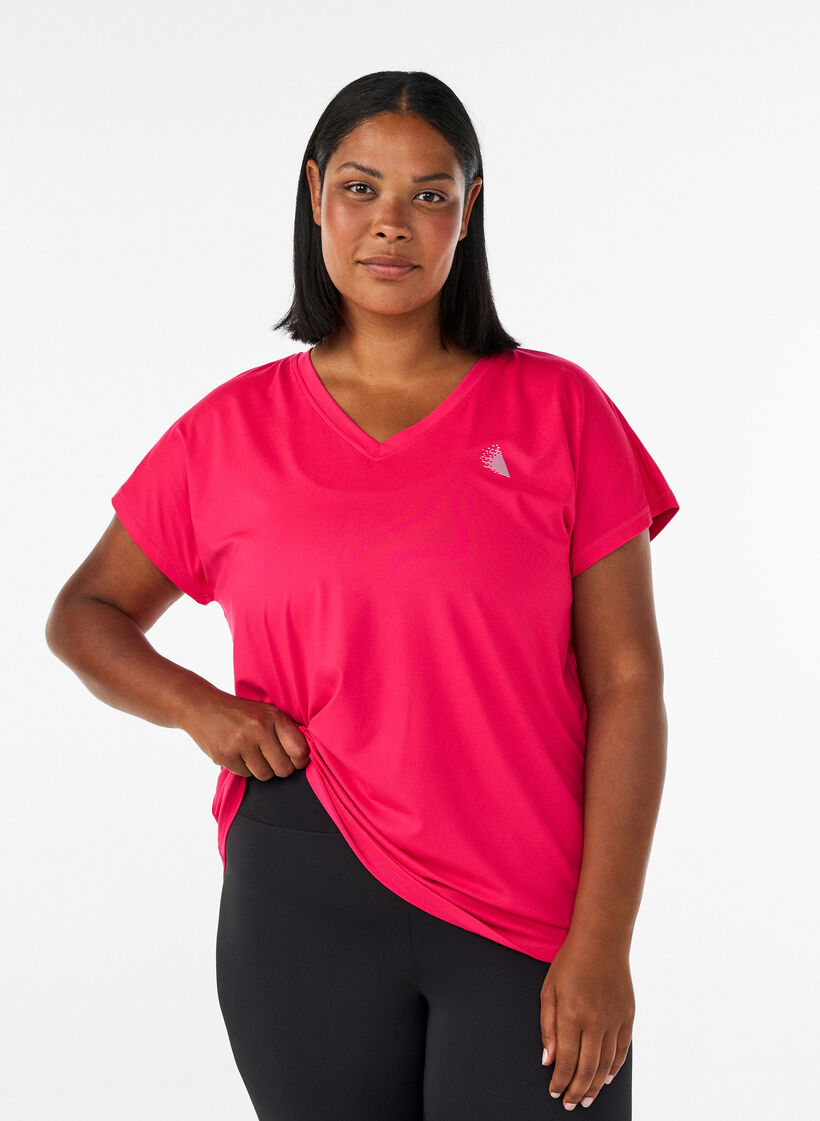 Losvallend trainings-T-shirt met V-hals, Roze, Model image number 0