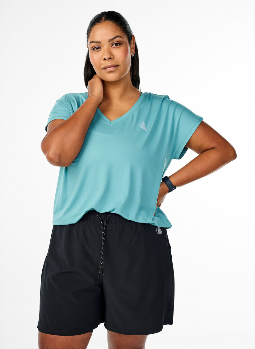Losse trainingsshirt met v-hals, Bristol Blue, Model