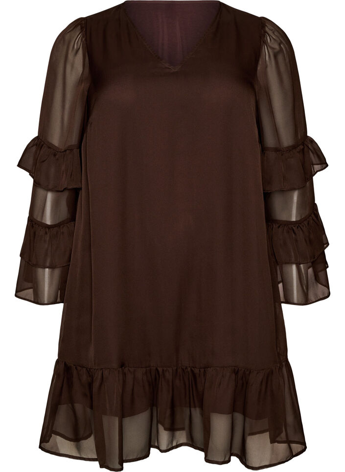 Korte jurk met transparante ruchesmouwen, Bruin, Packshot image number 0