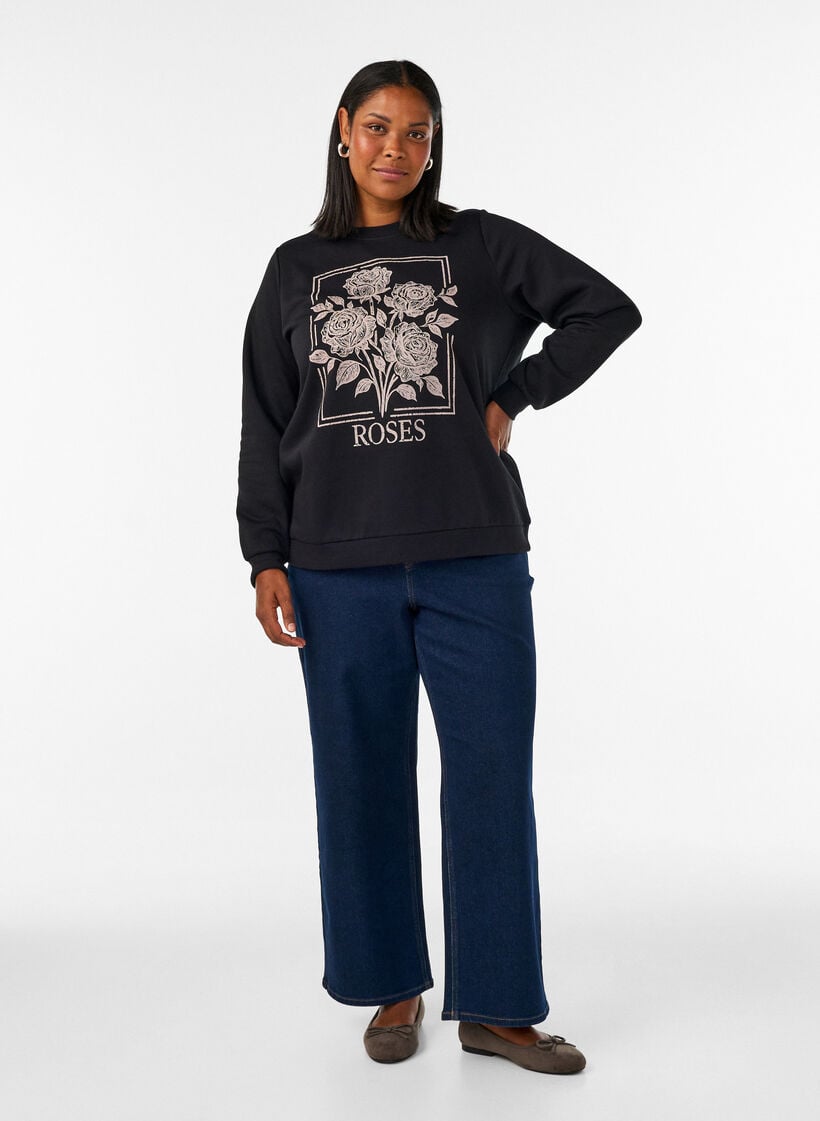 Sweatshirt met rozenprint en strassteentjes, Zwart, Model image number 1