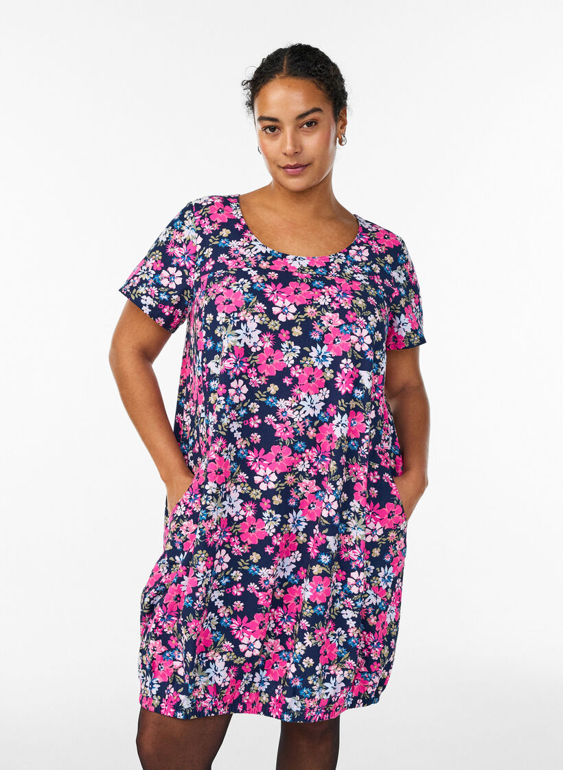 Katoenen jurk met korte mouwen en print, Blauw, Model image number 0