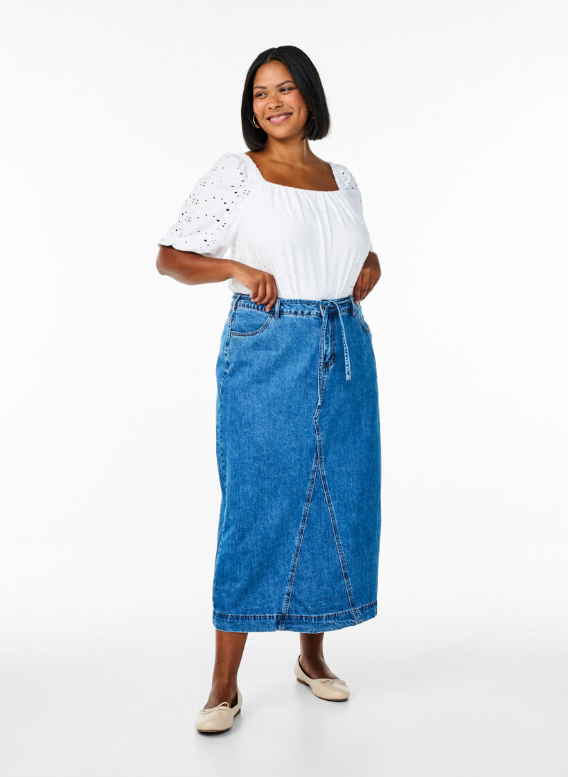 Denim maxirok met strikceintuur, Blue Denim, Model