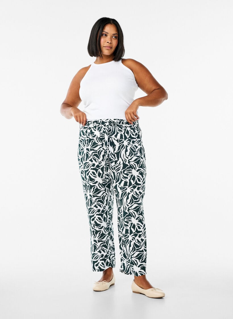 Viscose broek met hoge taille, Groen, Model image number 0