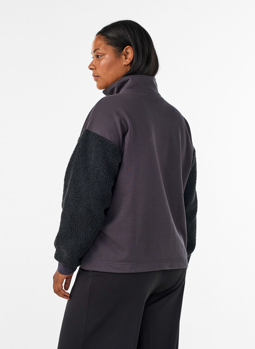 Sweatshirt met teddymouwen en een hoge hals, Grijs, Model image number 2
