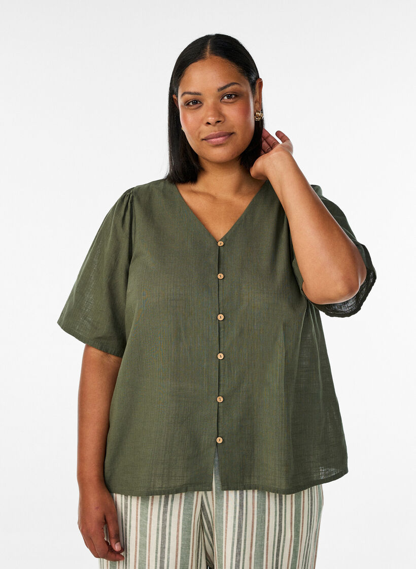 Katoenen shirt met korte mouwen en een V-hals, Groen, Model image number 0