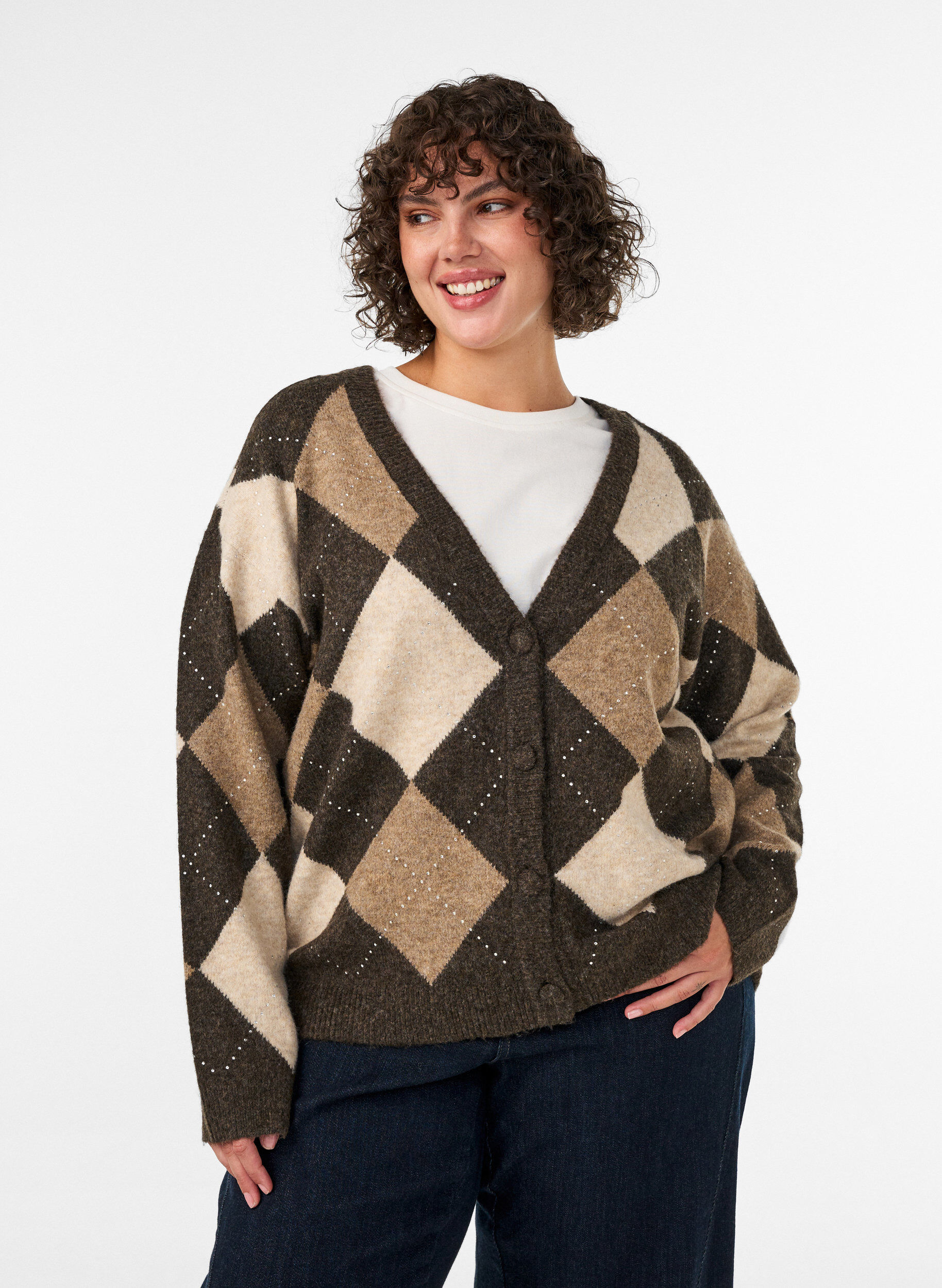 Argyle vest met strass-steentjes, Bruin, Model
