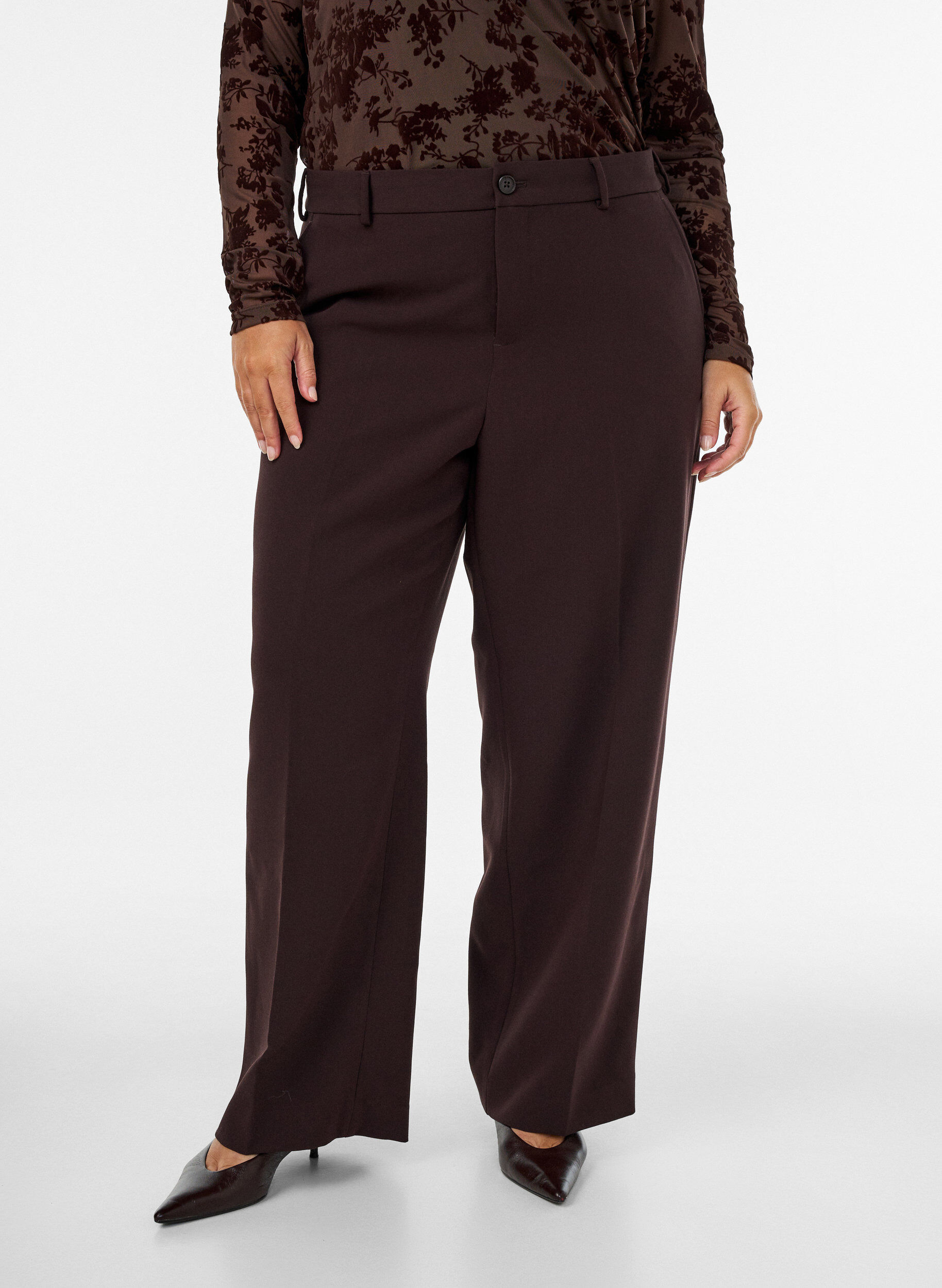 ZizziOp maat gemaakte broek met wijde pijpen en hoge taille, Bruin, Model image number 2