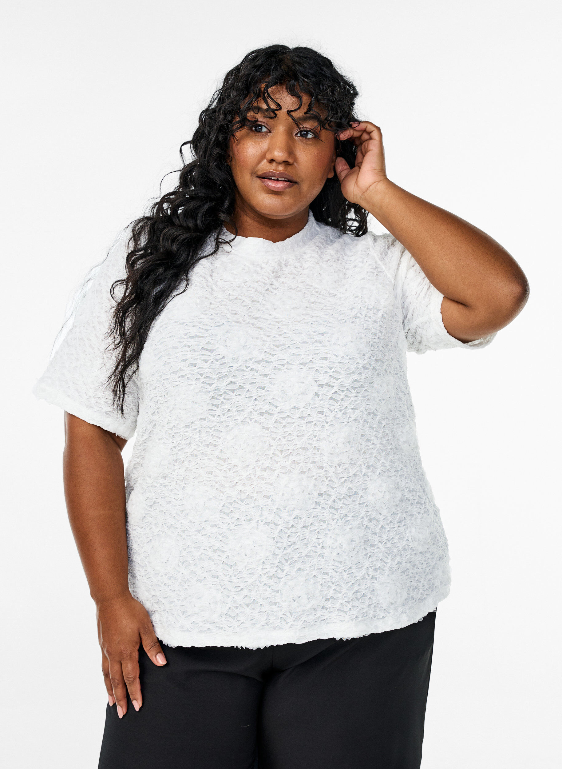 Blouse met 3D-bloemen en korte mouwen, Wit, Model