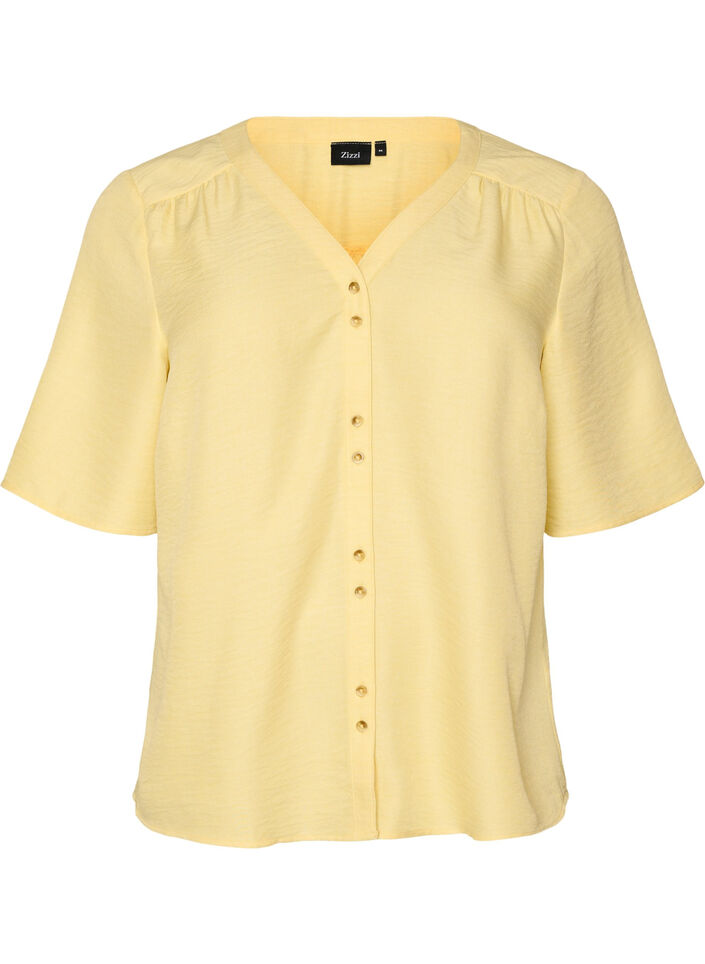 Overhemd blouse met V-hals en korte mouwen, Geel, Packshot image number 0