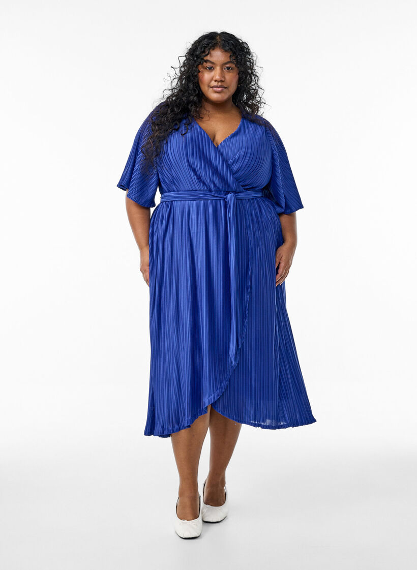Robe midi pliss&eacute;e avec manches chauve-souris, Bleu, Model image number 0