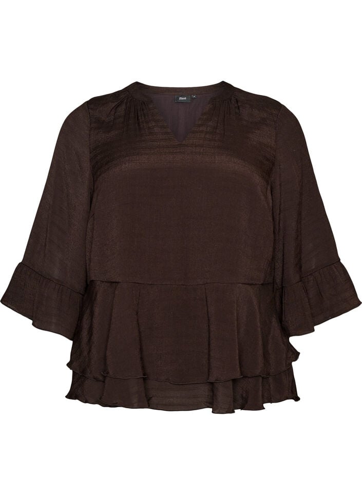 Blouse met 3/4-mouwen en ruchesdetails, Bruin, Packshot image number 0