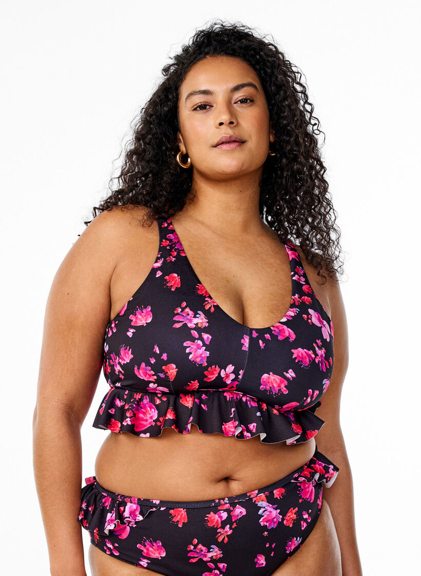 Bloemen bikini top met een ruche afwerking, Roze, Model image number 0