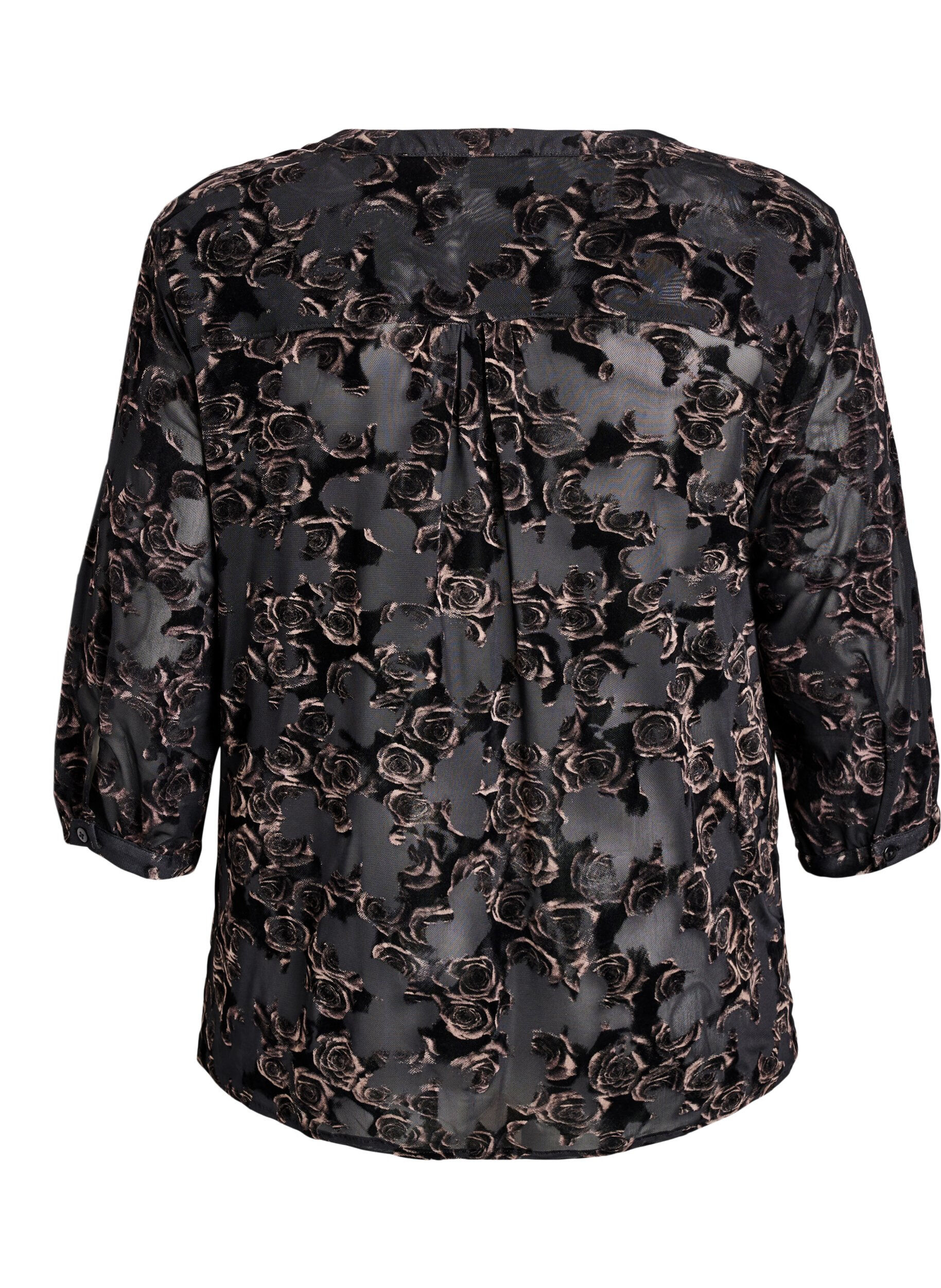 ZizziMesh blouse met 3/4 mouwen en velourrozen, Zwart, Packshot image number 1