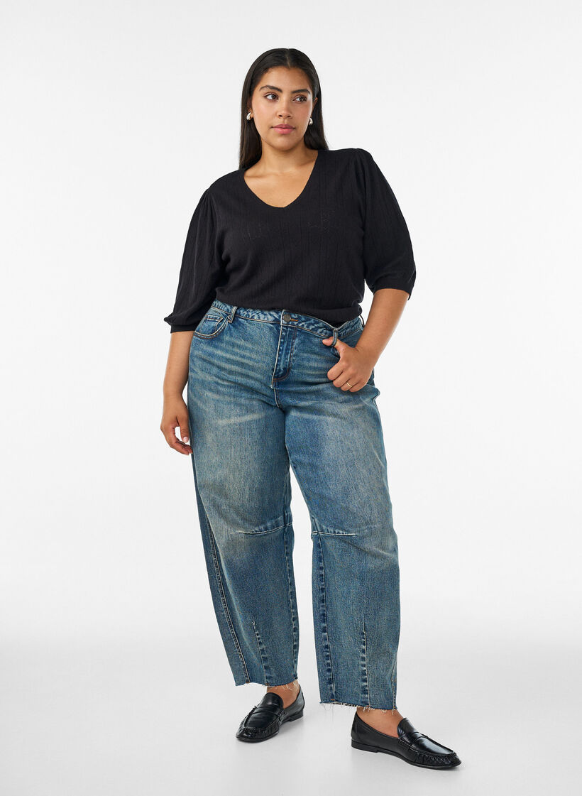 Blouse en maille pointelle &agrave; manches courtes, Noir, Model image number 1