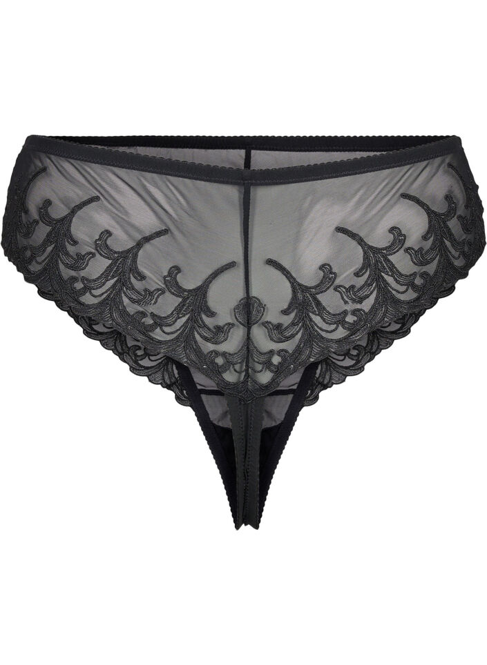 Mesh string met borduurdetails, Black, Packshot