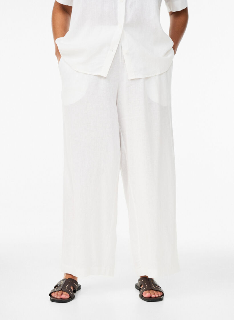 Wijde linnen en viscose broek, Wit, Model image number 2
