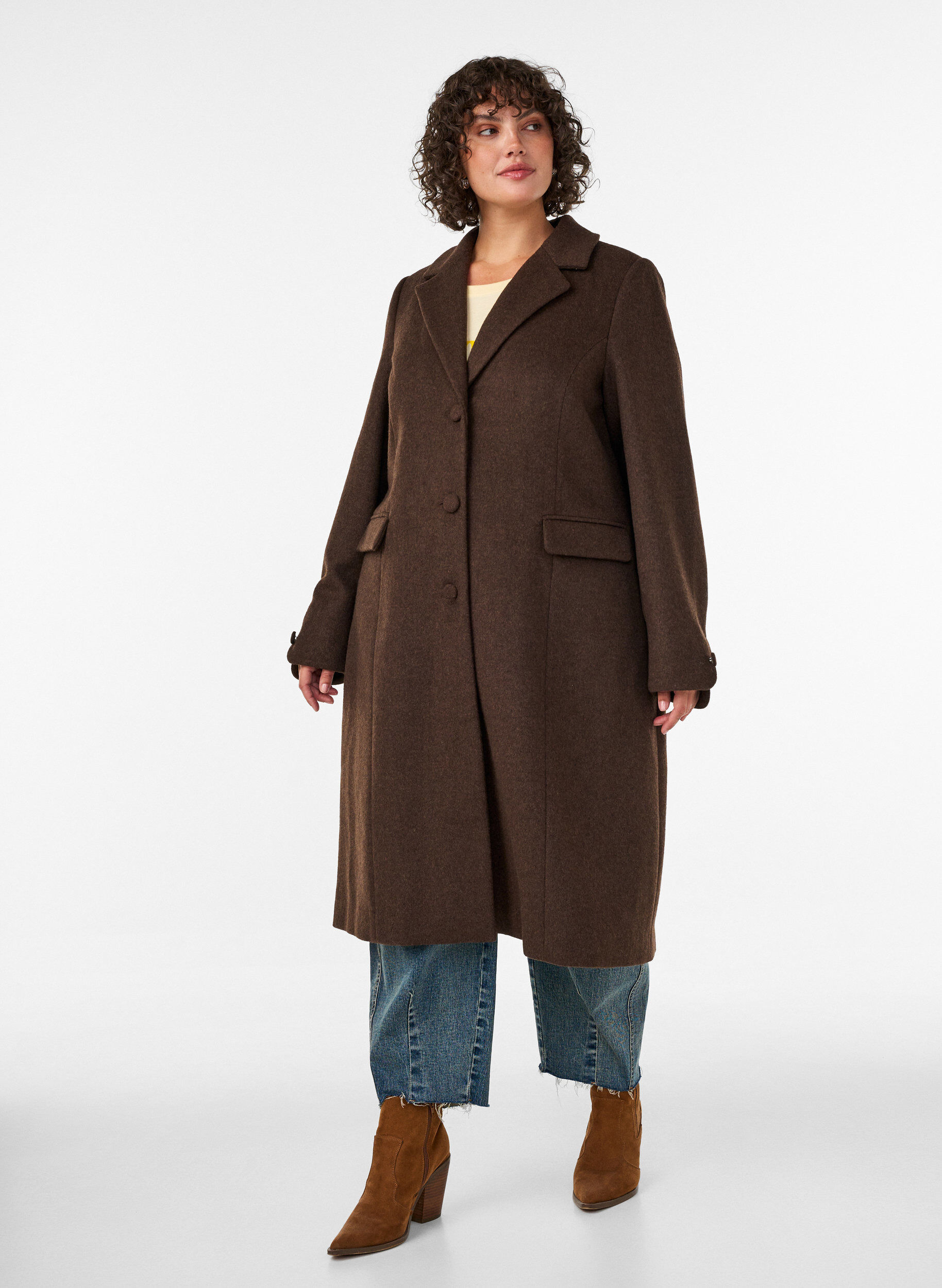 Wolblendjas met revers en knopen, Bruin, Model