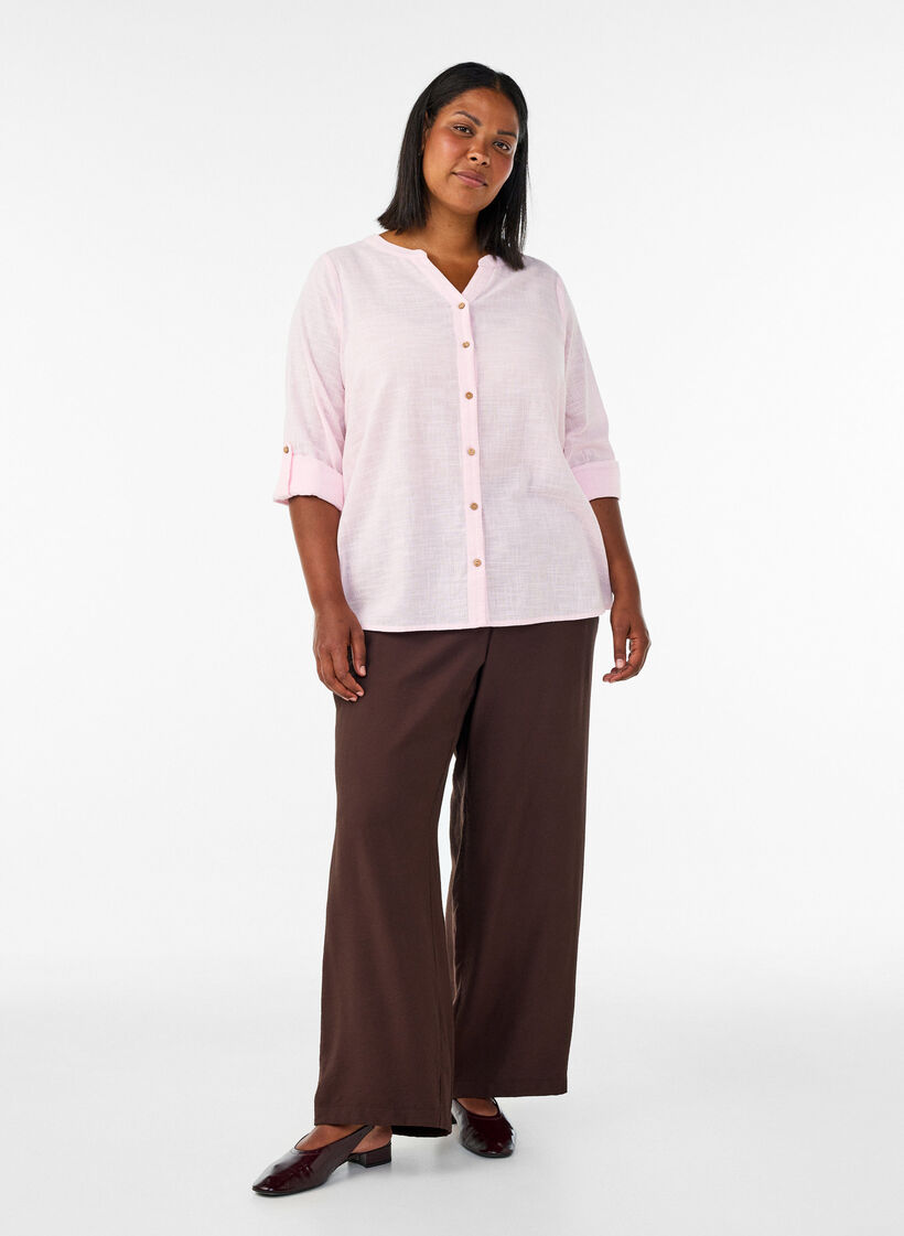 Katoenen blouse met een V-hals, Roze, Model image number 1