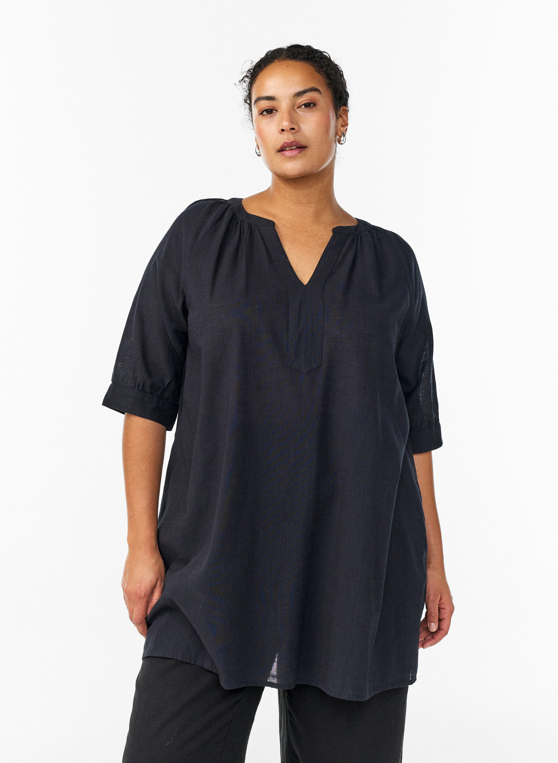 Katoenen tuniek met V-hals, Zwart, Model