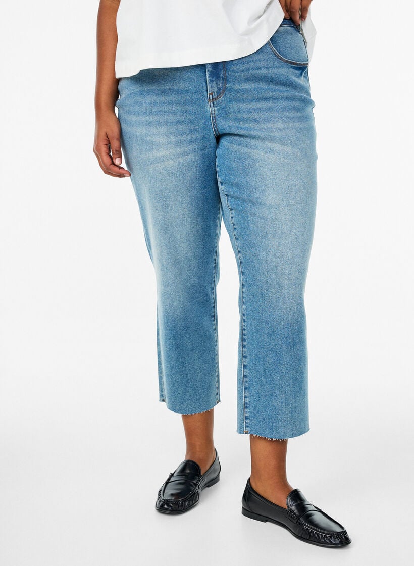 7/8 jeans met ruwe randjes en hoge taille, Blauw, Model image number 2