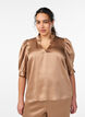 Blouse met satinlook, 1/2-mouwen en rucheskraag, Bruin, Model image number 0