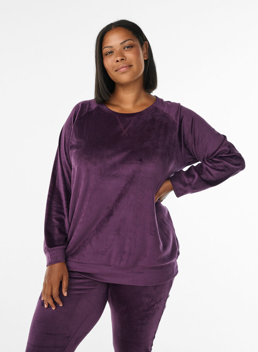 Velour blouse met raglanmouwen, Paars, Model image number 0