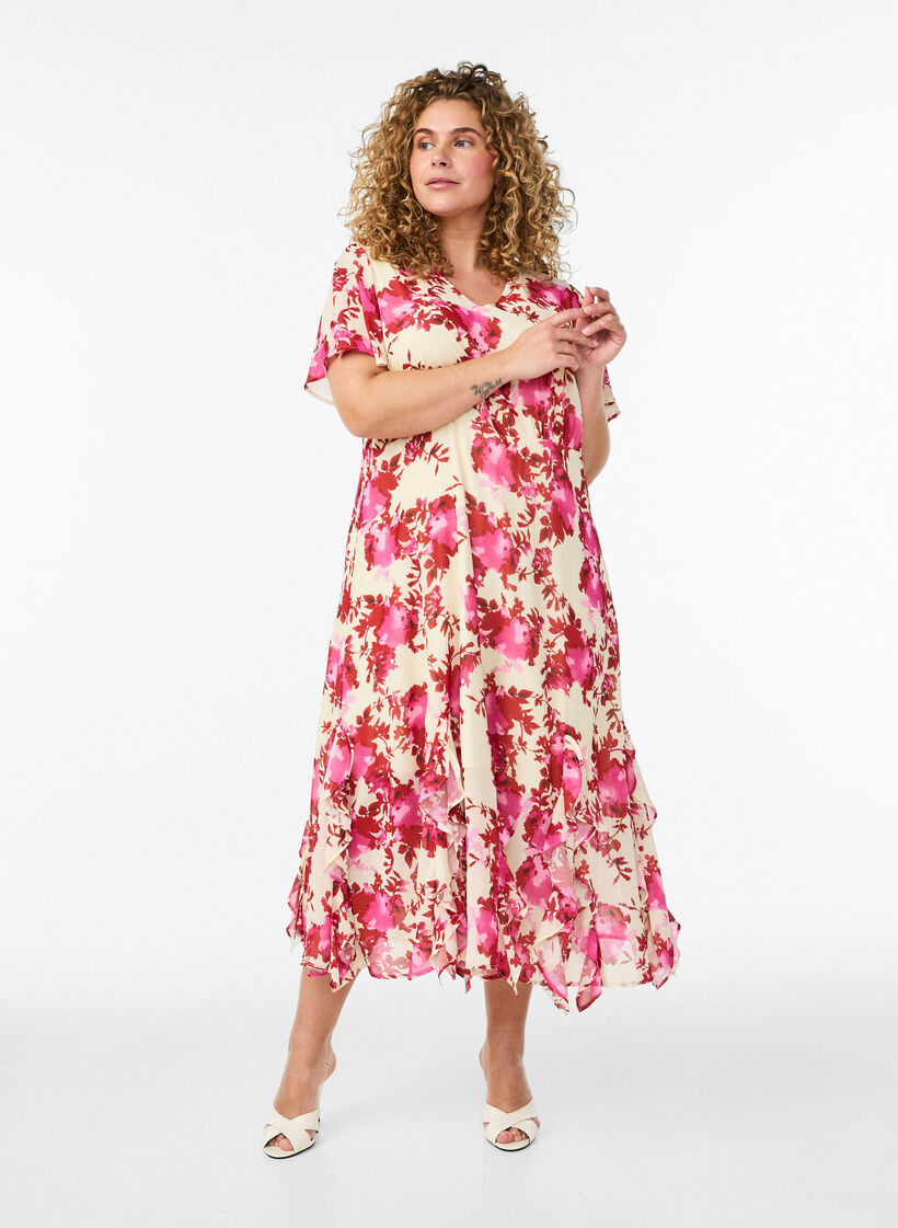 Bloemenprint chiffon jurk met ruches en een V-hals, Roze, Model image number 0