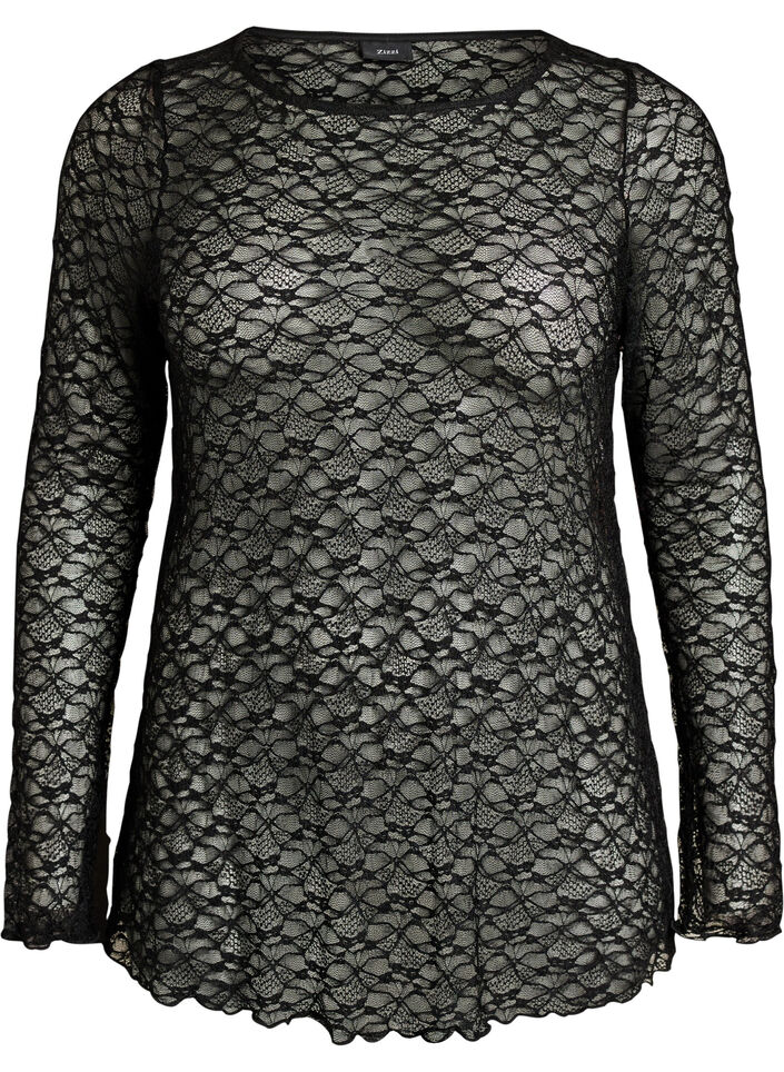 Blouse met lange mouwen van doorschijnend kant, Zwart, Packshot image number 0