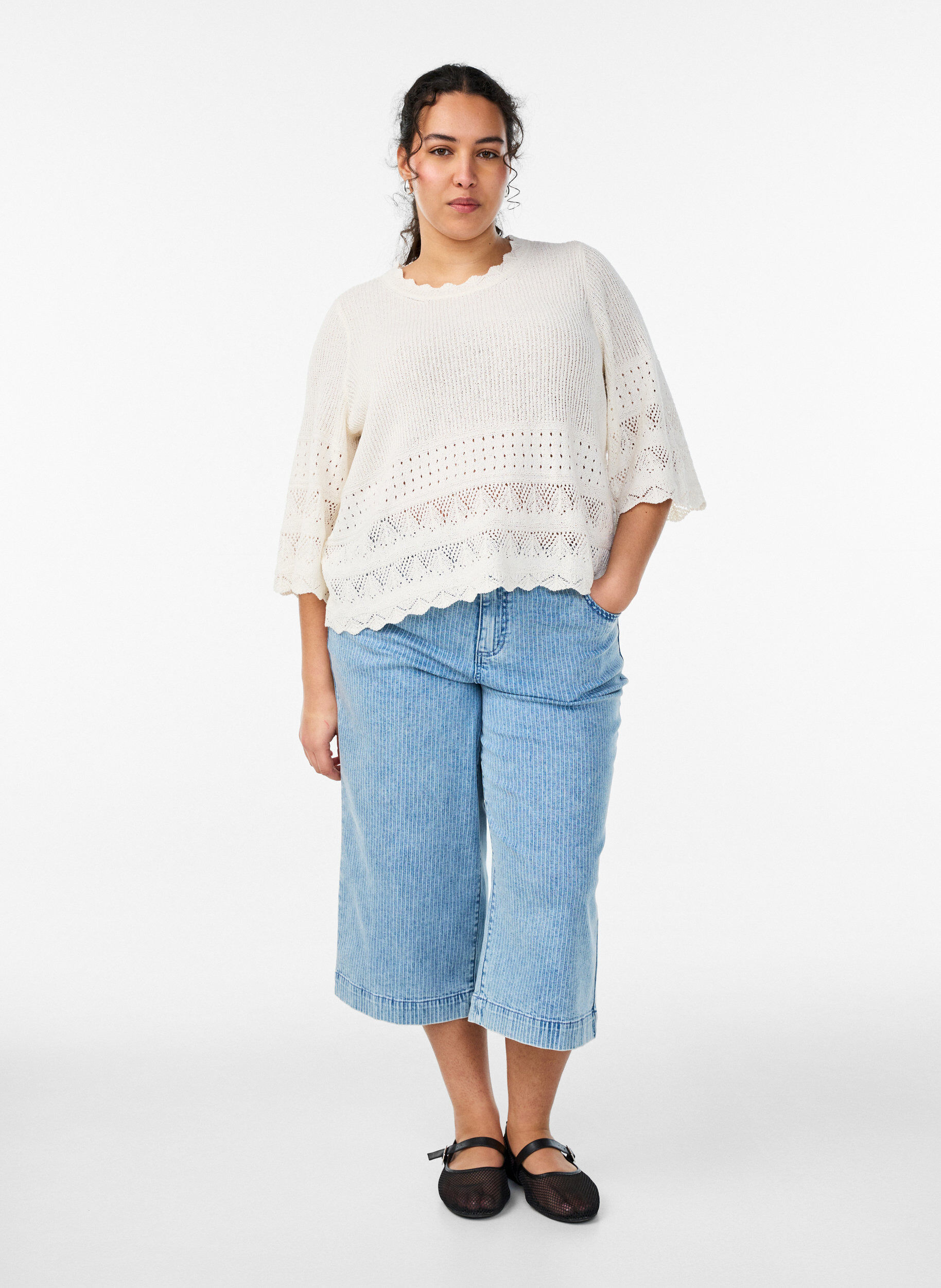 ZizziGebreide blouse met ajourborduursel en mouwen 1/2 lengte, Vanille, Model image number 1