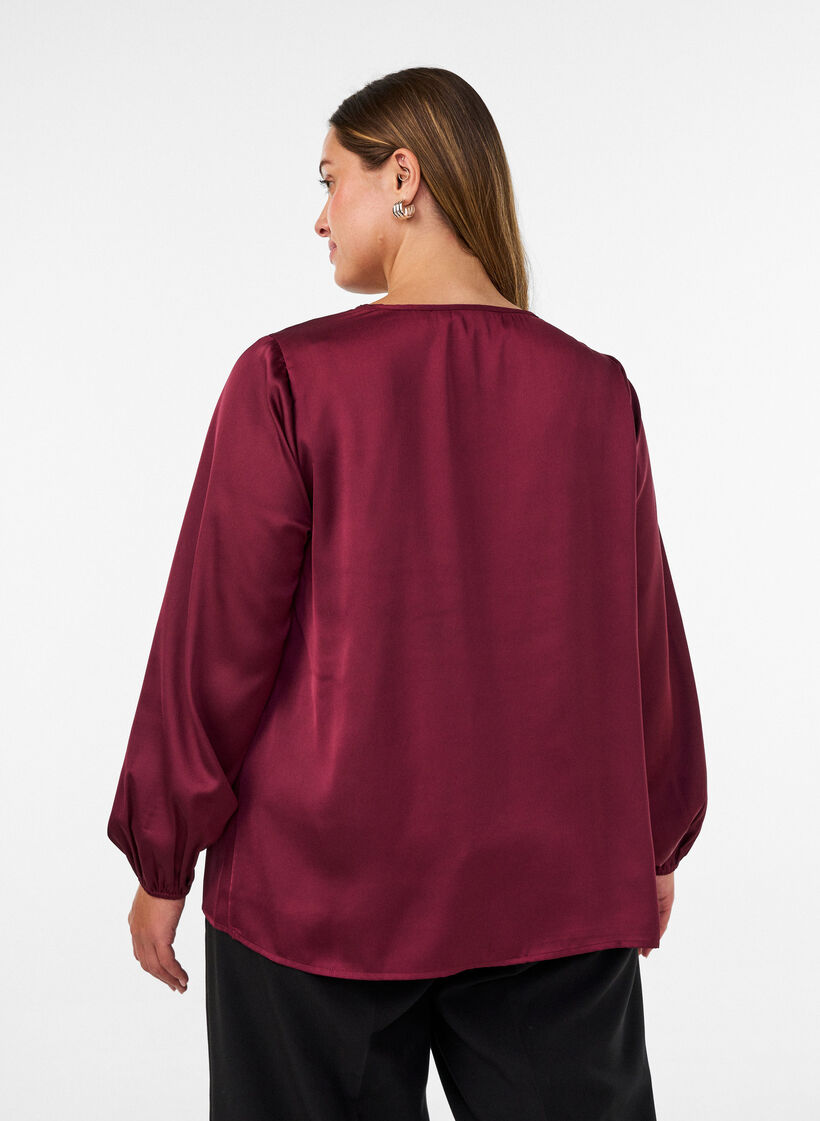 Satijnen blouse met kanten applicatie en parels, Rood, Model image number 2
