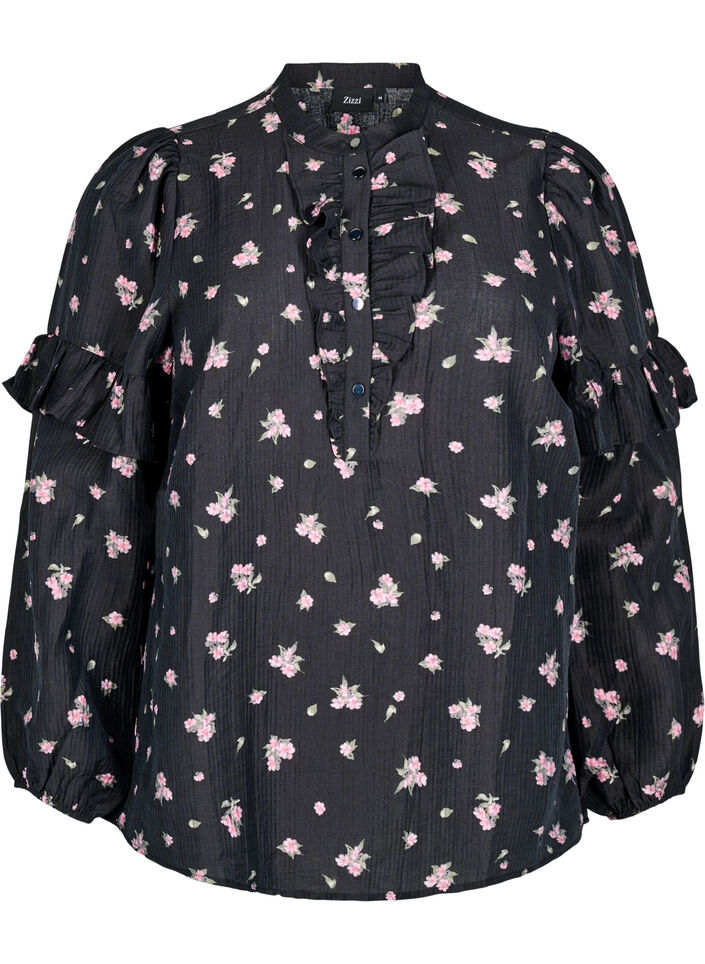 Bloemenblouse in lyocell, Zwart, Packshot image number 0