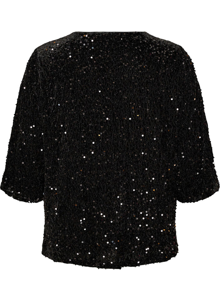 Cardigan met pailletten en 3/4-mouwen, Zwart, Packshot image number 1