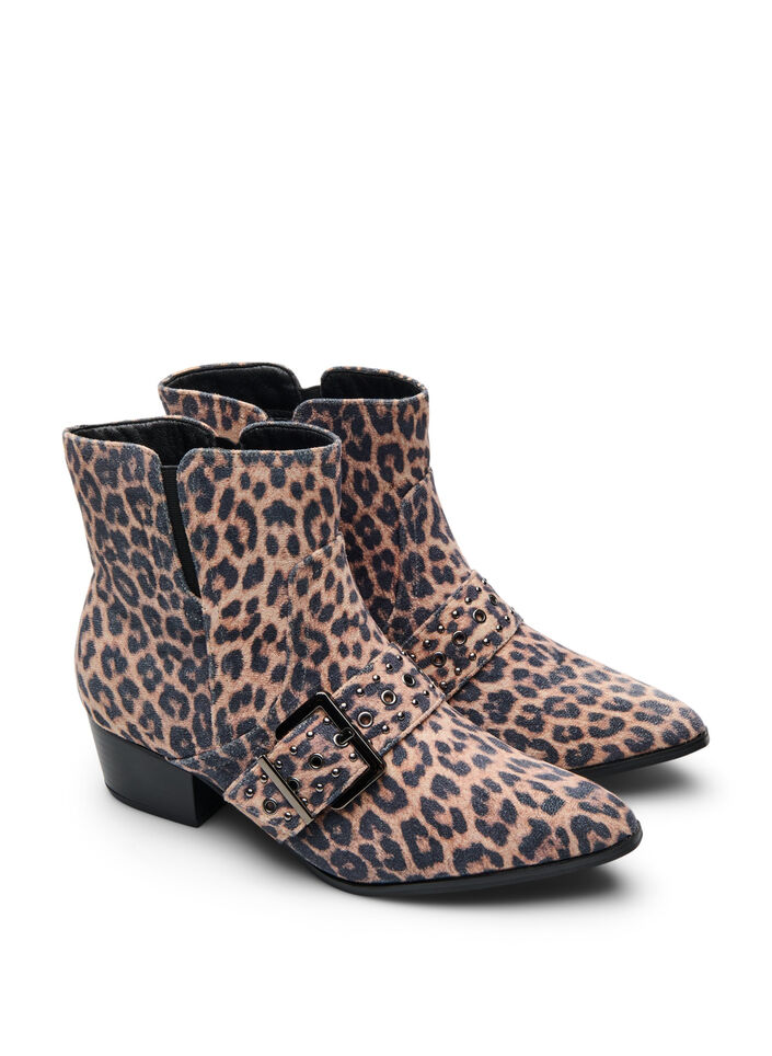 Wide fit - Luipaard print enkellaarsje met gesp en studs, Leopard AOP, Packshot