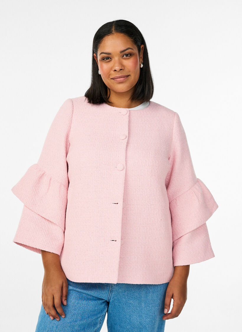 Boucl&eacute; jasje met ruchesdetails, Roze, Model image number 0
