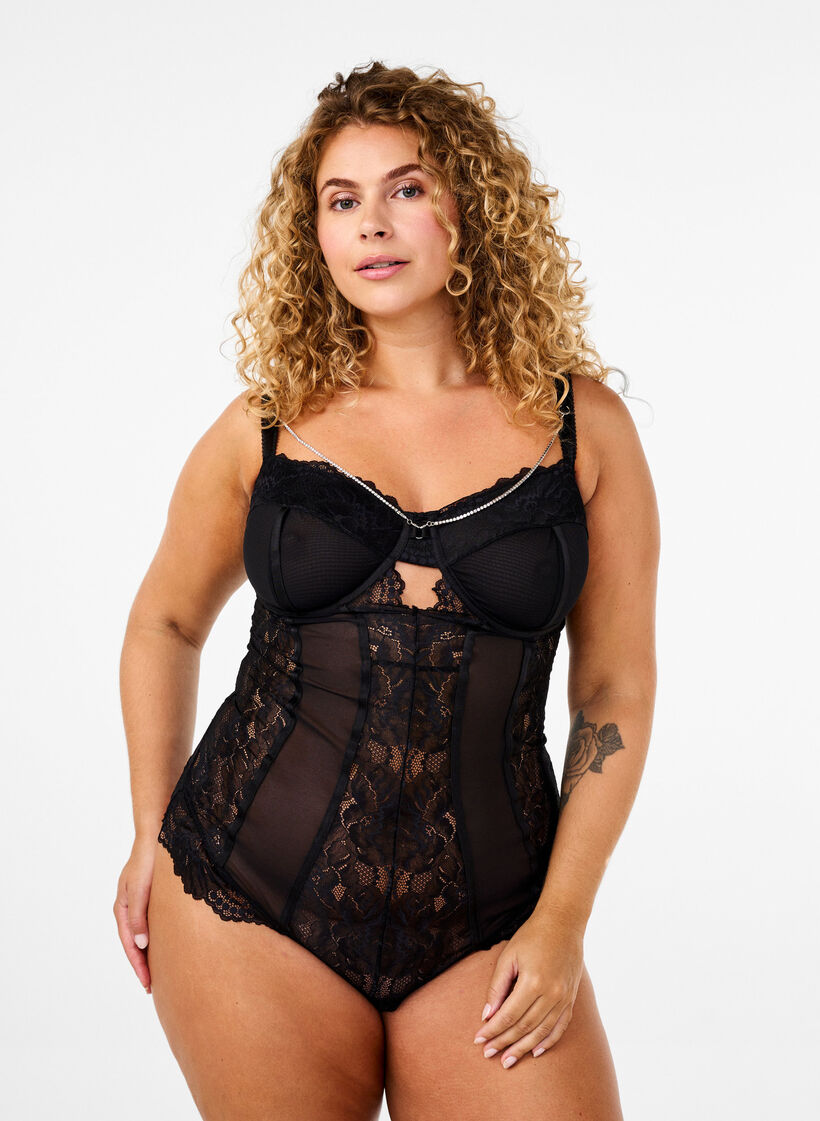Mesh bodystocking met kant en afneembare ketting, Black, Model