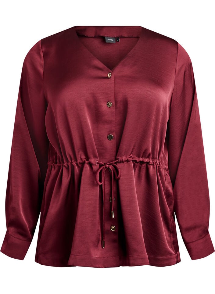 Feestblouse in satijnlook met knoopjes en verstelbare taille, Donker Bordeaux, Packshot image number 0