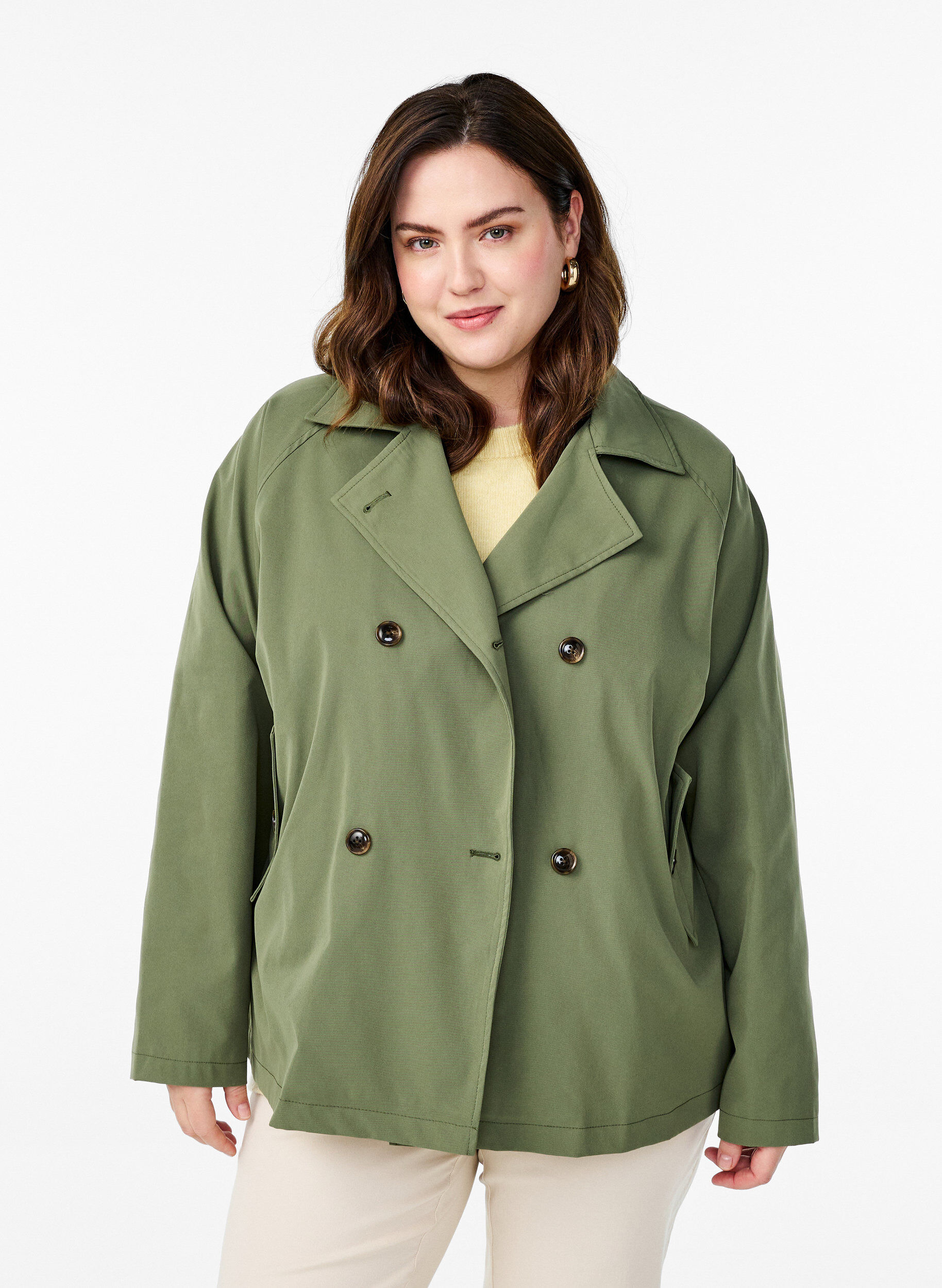 Korte trenchcoat met zakken, Groen, Model