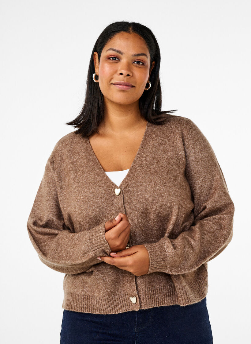 Gebreide cardigan met wol en hartvormige knopen, Fossil Mel., Model