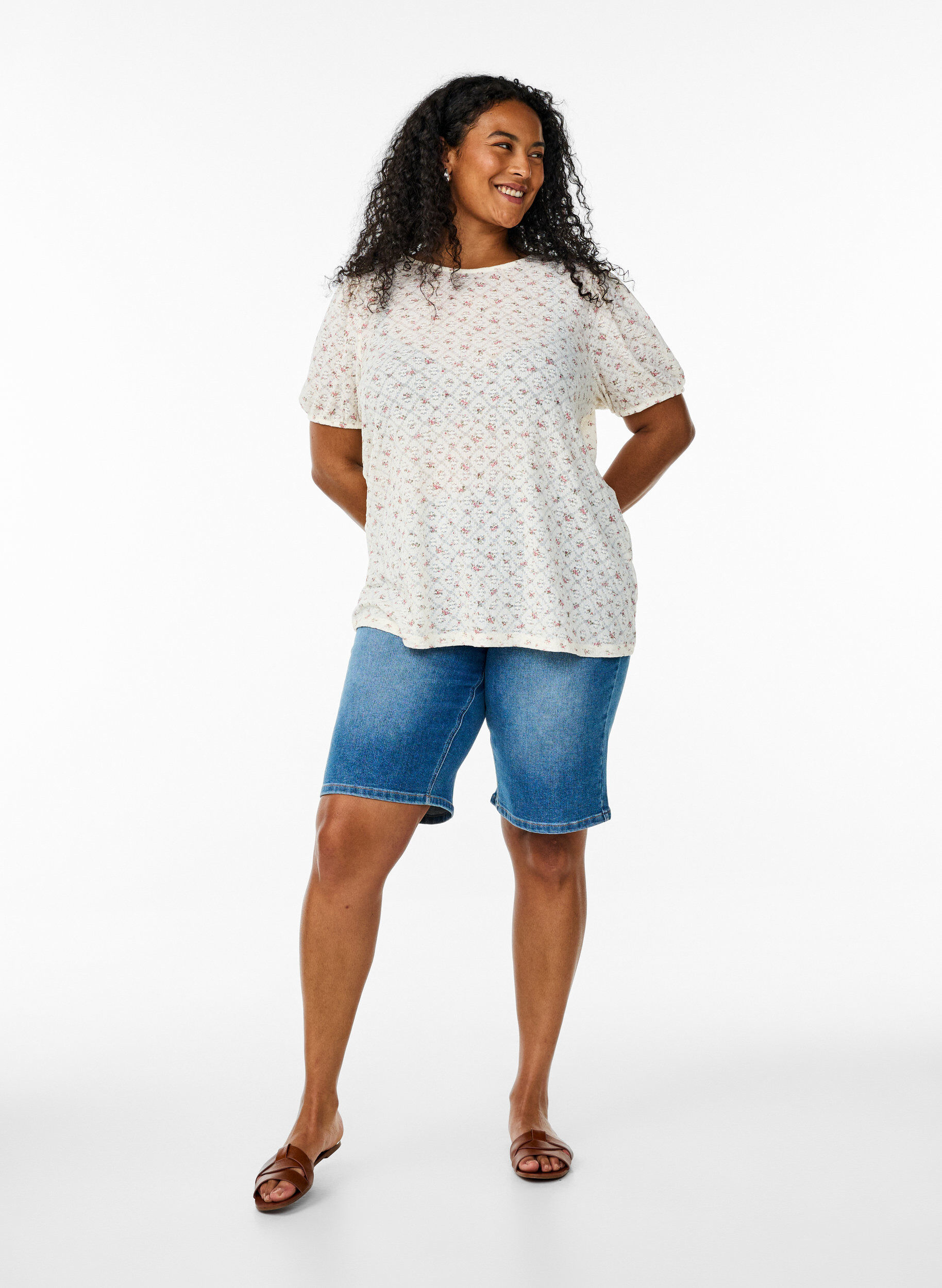 ZizziJersey blouse met korte mouwen en bloemenprint, Wit, Model image number 1