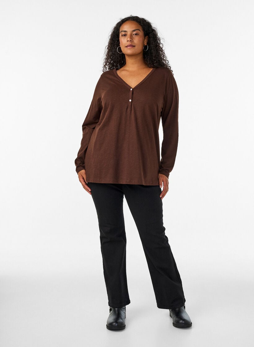 T-shirt met lange mouwen, V-hals en knopen, Bruin, Model image number 1