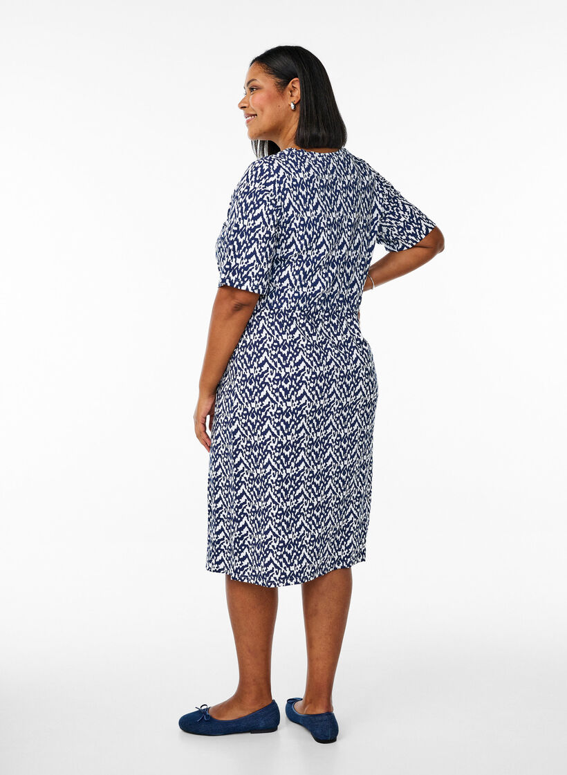 Jersey midi jurk met strikriem in de taille, Blauw, Model image number 1