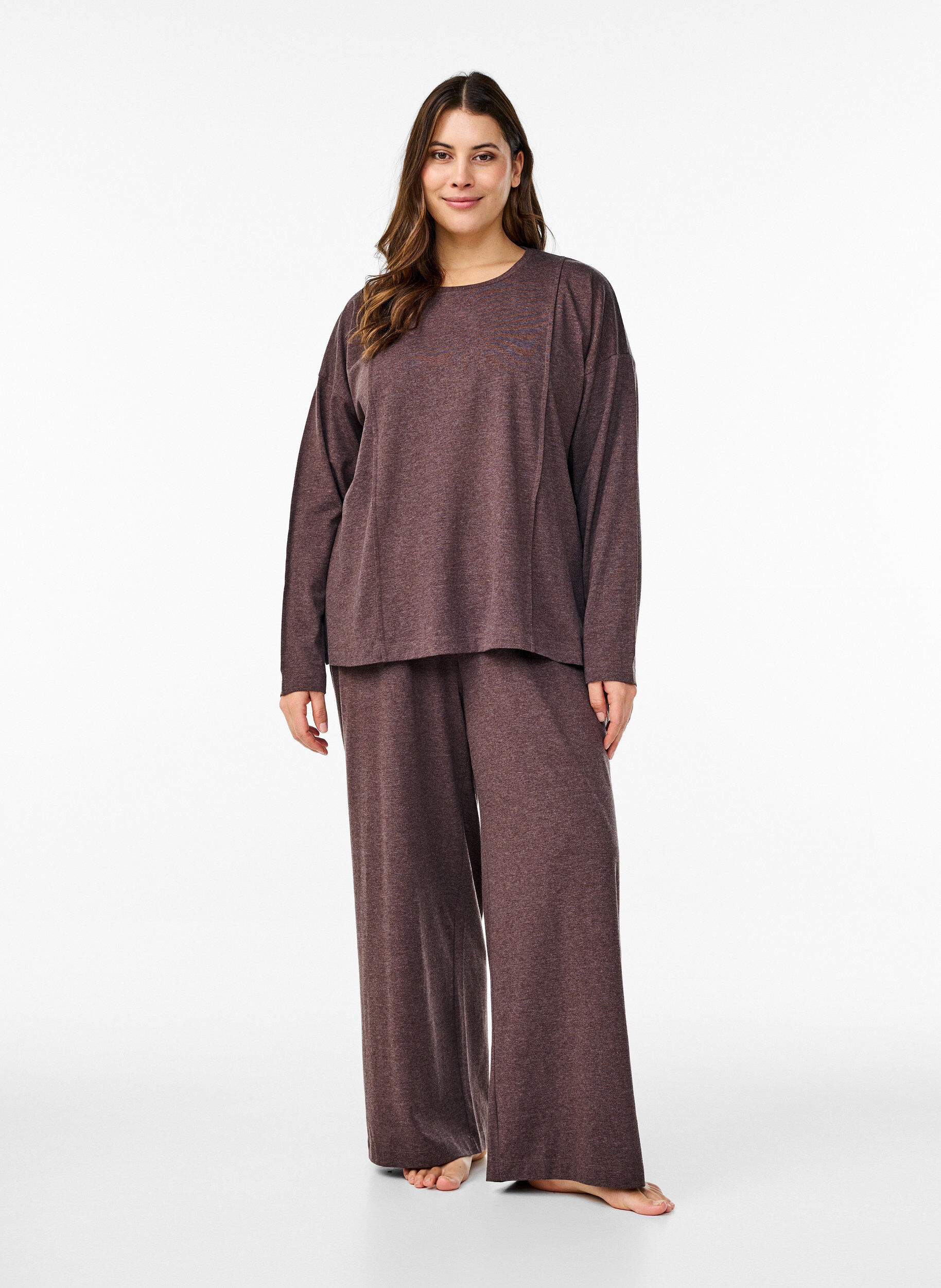 ZizziLosse jersey blouse met naaddetails, Bruin, Model image number 1