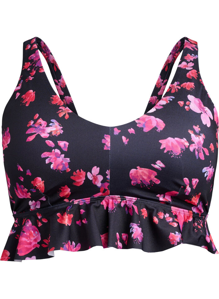 Bloemen bikini top met een ruche afwerking, Roze, Packshot image number 0