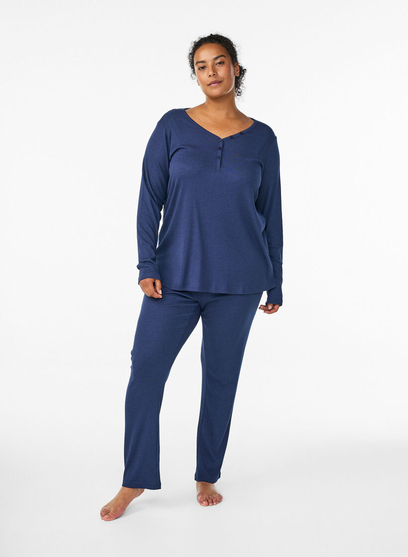 Geribde nacht top met lange mouwen en knopen, Blauw, Model
