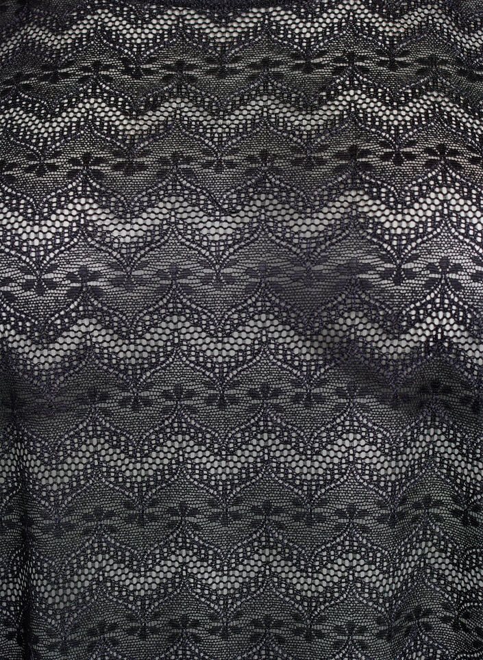 Kantblouse met korte mouwen en gegolfde zoom, Zwart, Packshot image number 2