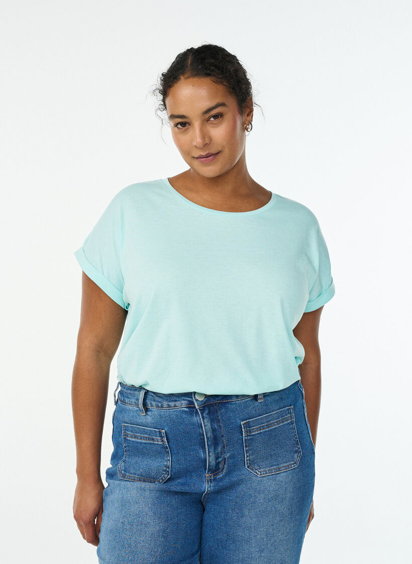 T-shirt met korte mouwen van katoenmix, Turquoise, Model image number 0