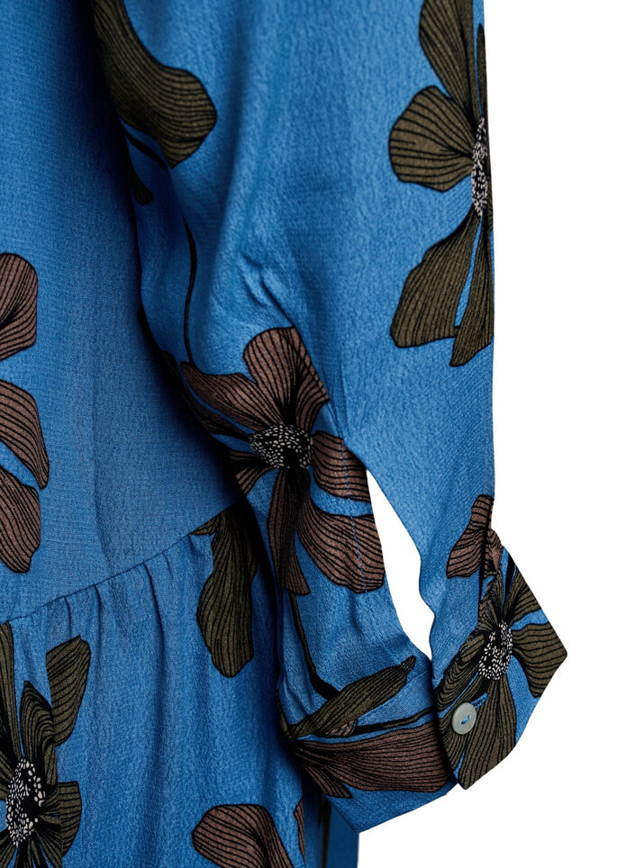 Bedrukte viscose midi-jurk met lange mouwen, Blauw, Packshot image number 3