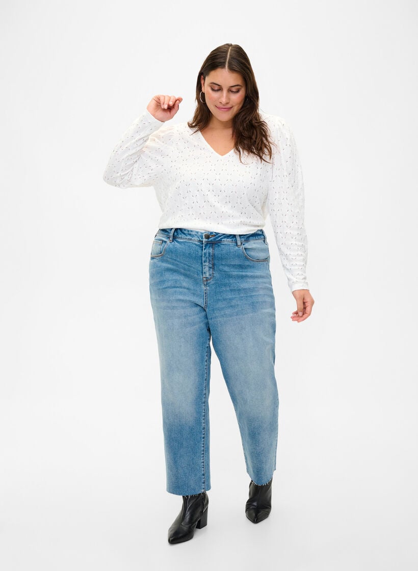 7/8 jeans met ruwe randjes en hoge taille, Blauw, Image image number 0