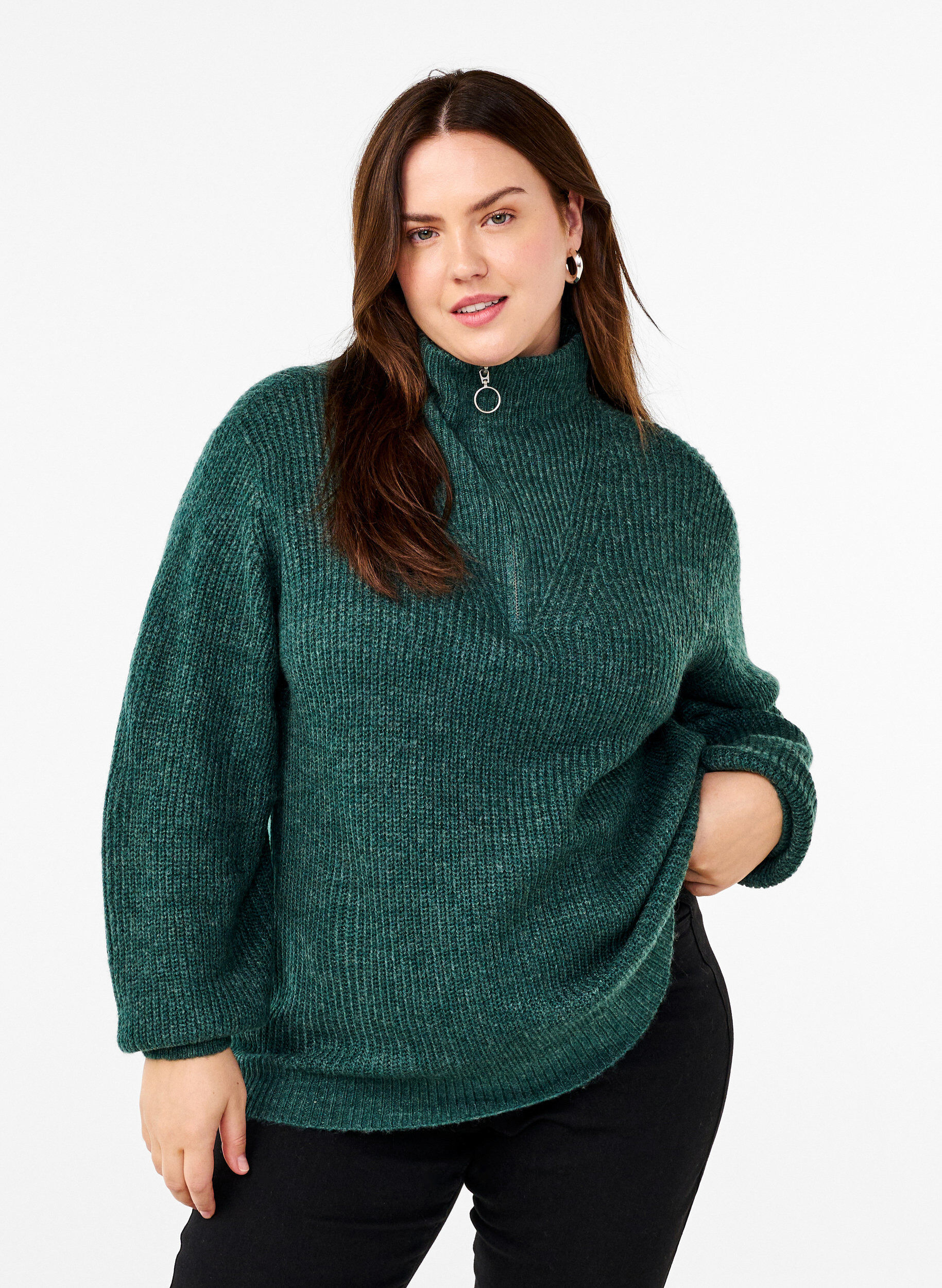 ZizziGebreide trui met hoge hals en rits, Groen, Model image number 0